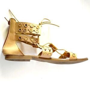BARBARA BARBIERI Tan Flat Leather Lace Tie Sandals Gold Metal Details Size 7.5